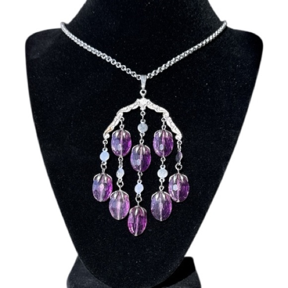 Sarah Coventry Jewelry - Sarah Coventry 70s Wisteria Silver Tone Necklace Waterfall Pendant Violet Beads